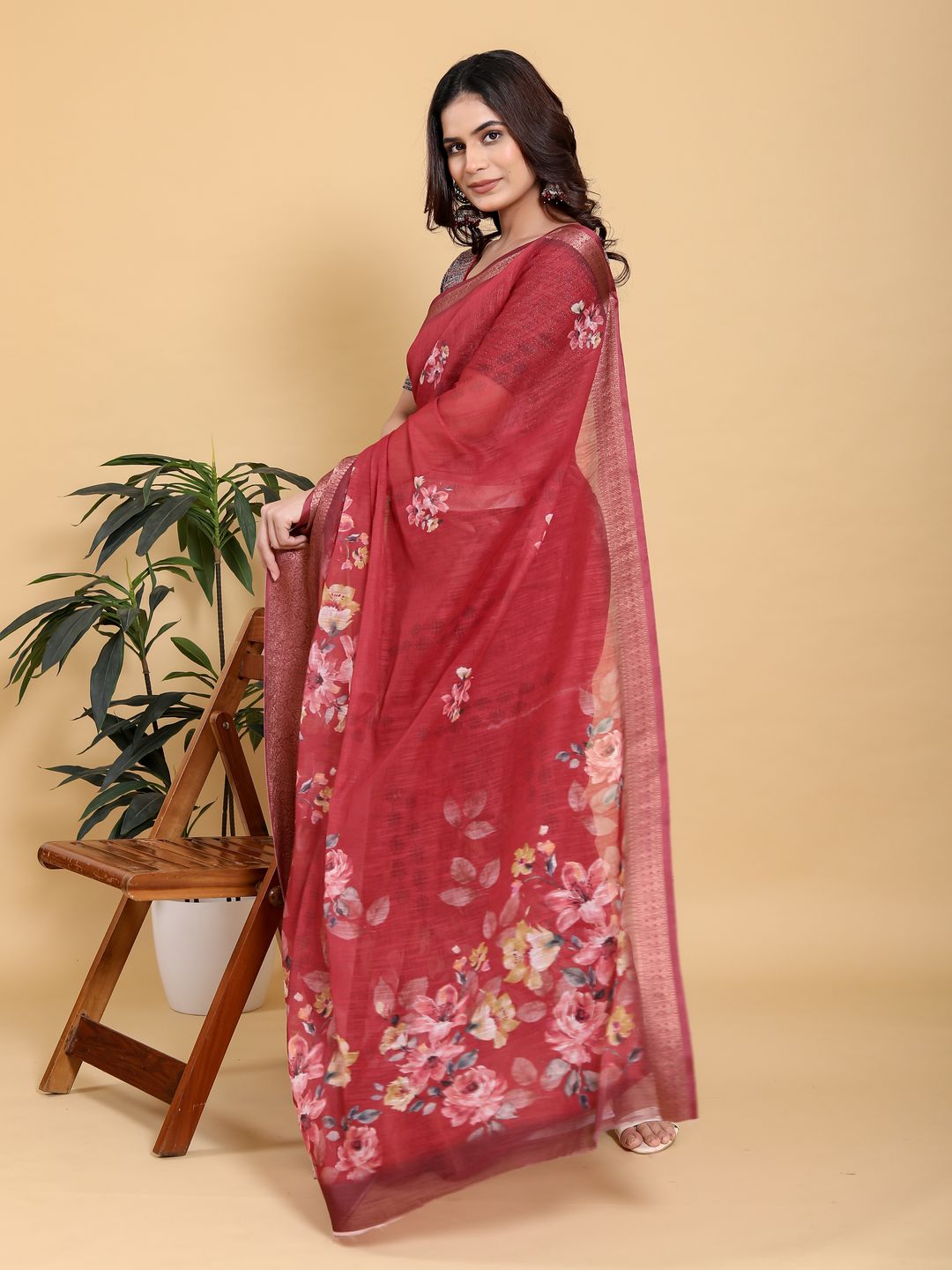 Maroon Floral Linen Cotton Saree with Jacquard Woven Border