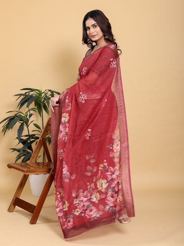 Maroon Floral Linen Cotton Saree with Jacquard Woven Border