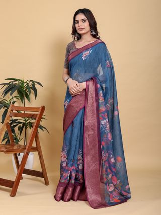 Denim Blue Printed Linen Cotton Saree with Rich Wine Border