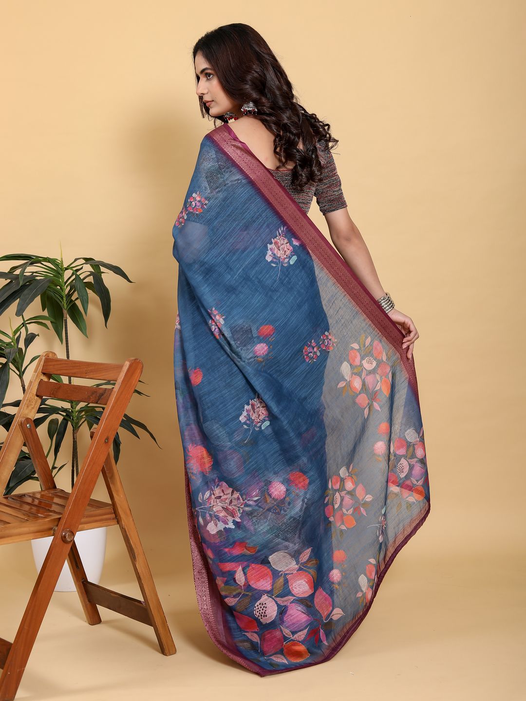 Denim Blue Printed Linen Cotton Saree with Rich Wine Border