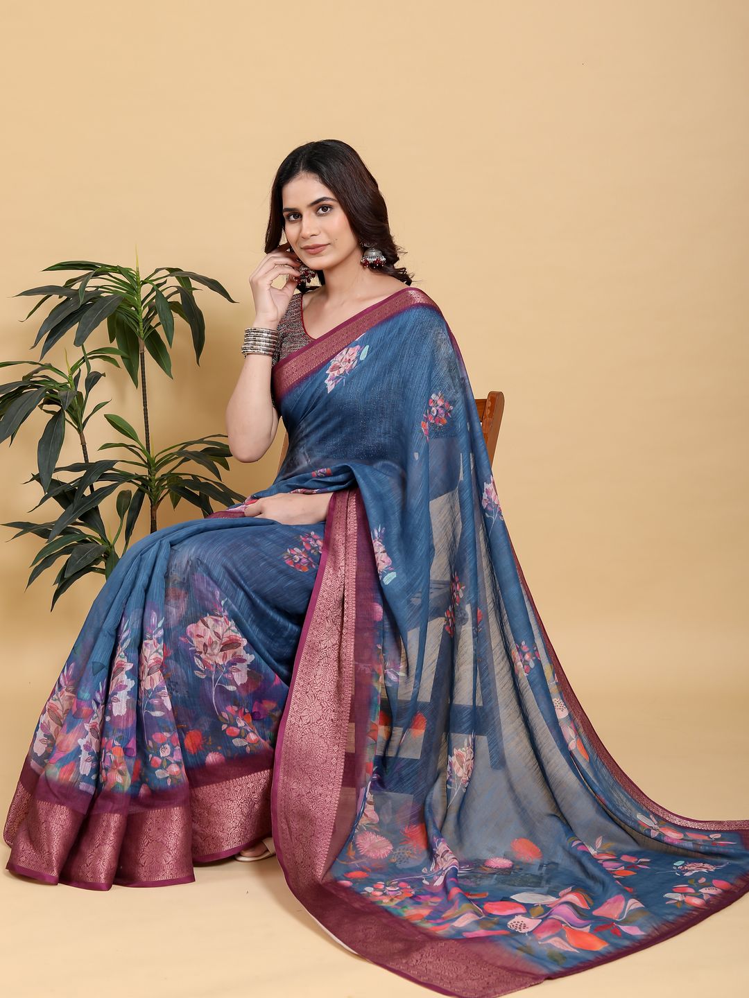 Denim Blue Printed Linen Cotton Saree with Rich Wine Border