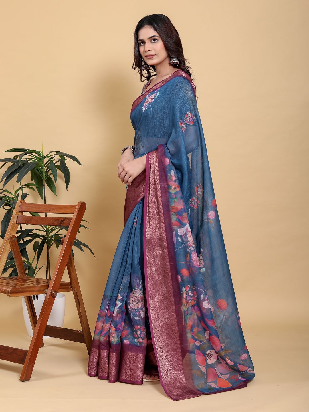 Denim Blue Printed Linen Cotton Saree with Rich Wine Border