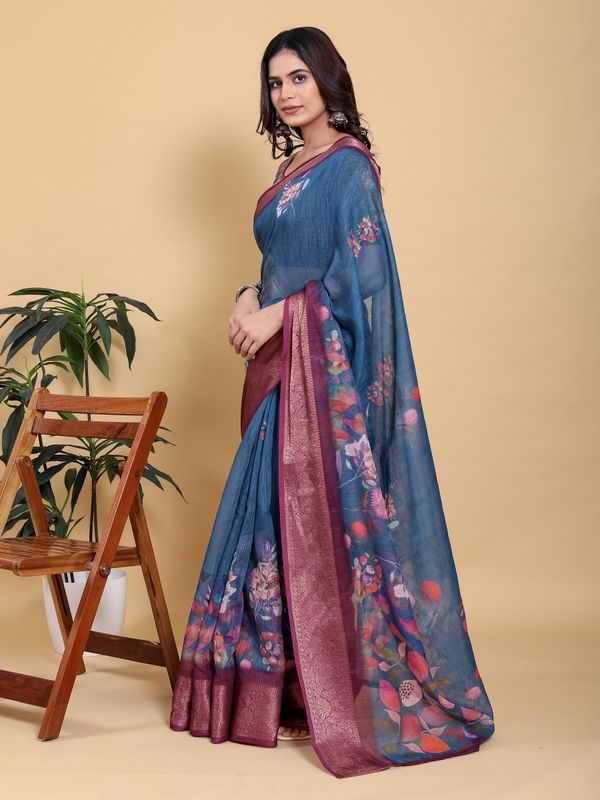 Denim Blue Printed Linen Cotton Saree with Rich Wine Border