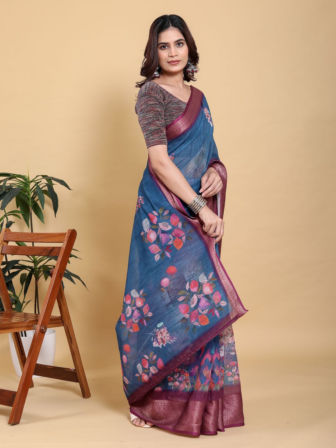 Denim Blue Printed Linen Cotton Saree with Rich Wine Border