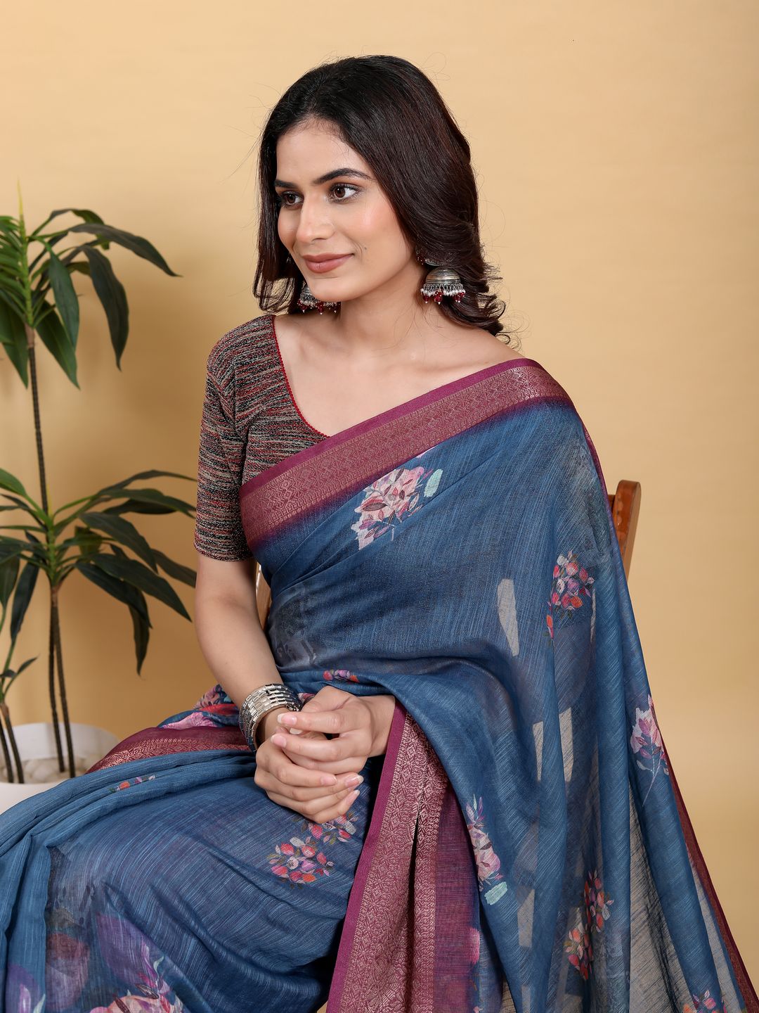 Denim Blue Printed Linen Cotton Saree with Rich Wine Border