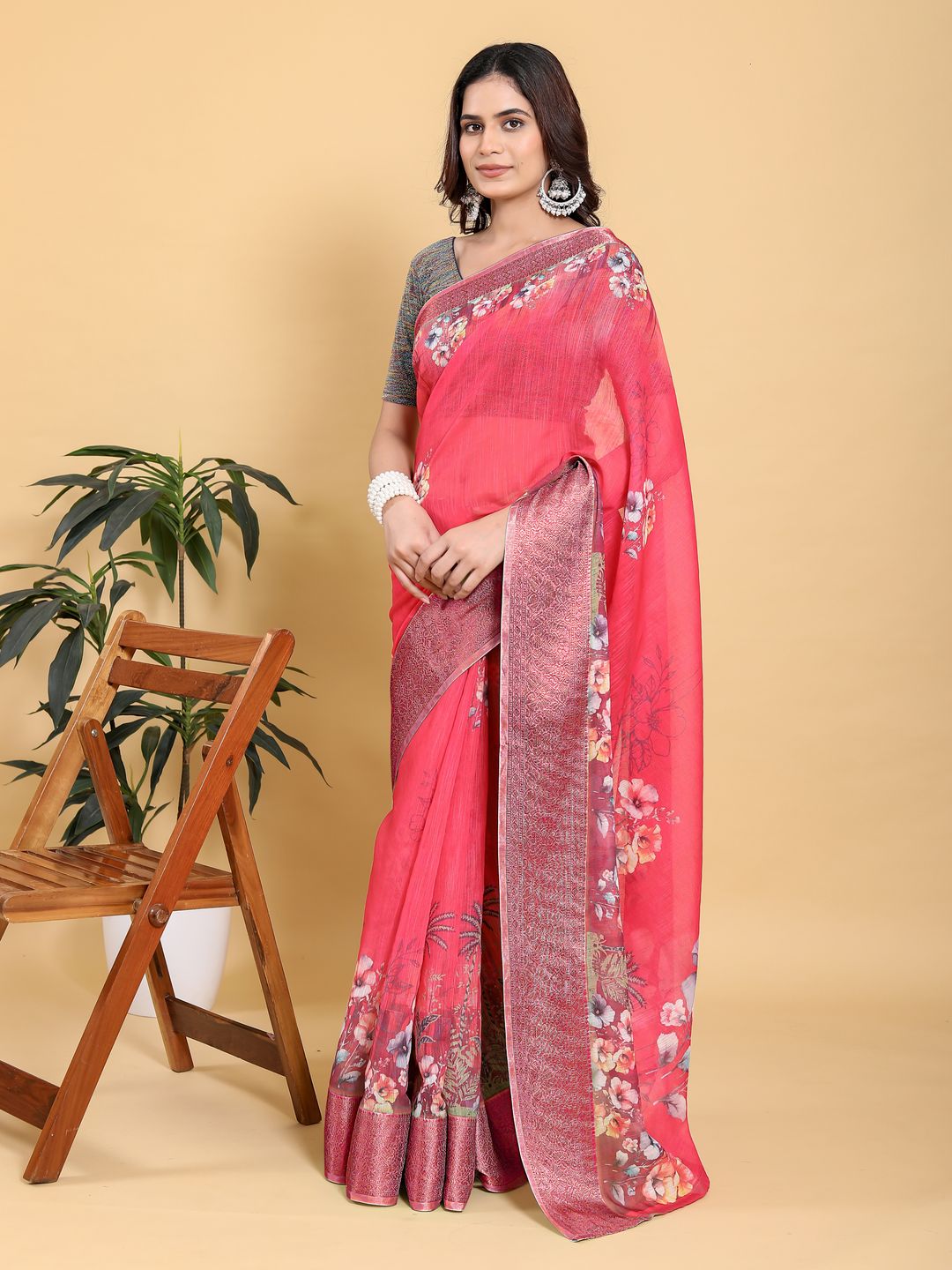 Bright Pink Floral Linen Cotton Saree with Jacquard Borders