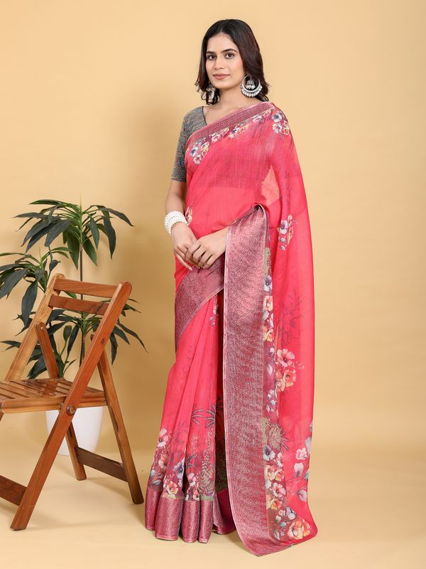 Bright Pink Floral Linen Cotton Saree with Jacquard Borders