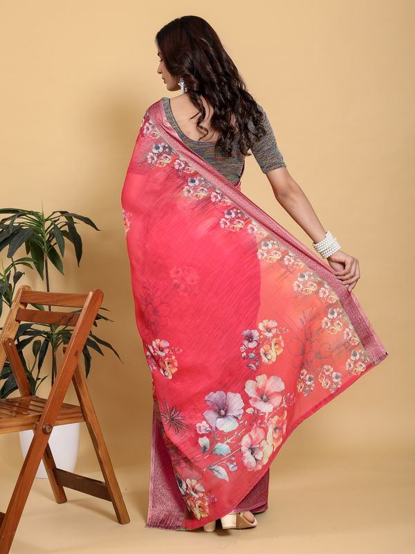 Bright Pink Floral Linen Cotton Saree with Jacquard Borders