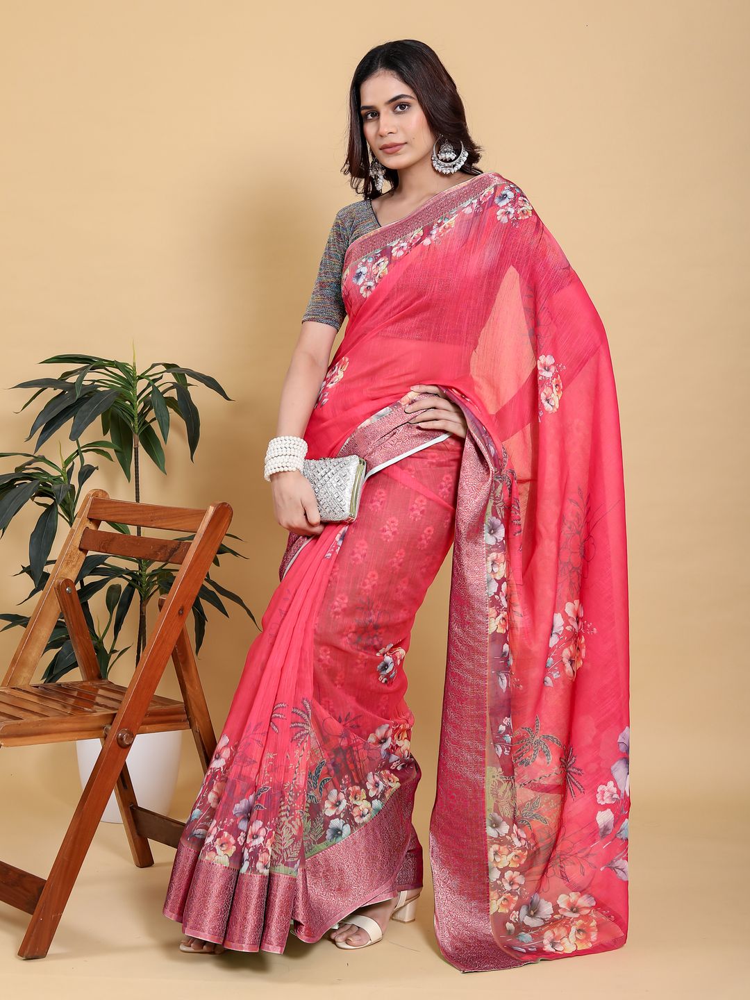 Bright Pink Floral Linen Cotton Saree with Jacquard Borders