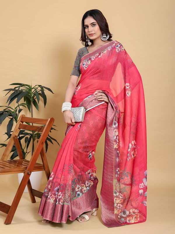 Bright Pink Floral Linen Cotton Saree with Jacquard Borders