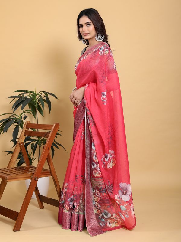 Bright Pink Floral Linen Cotton Saree with Jacquard Borders