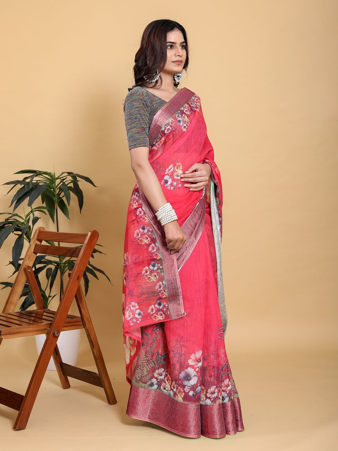 Bright Pink Floral Linen Cotton Saree with Jacquard Borders