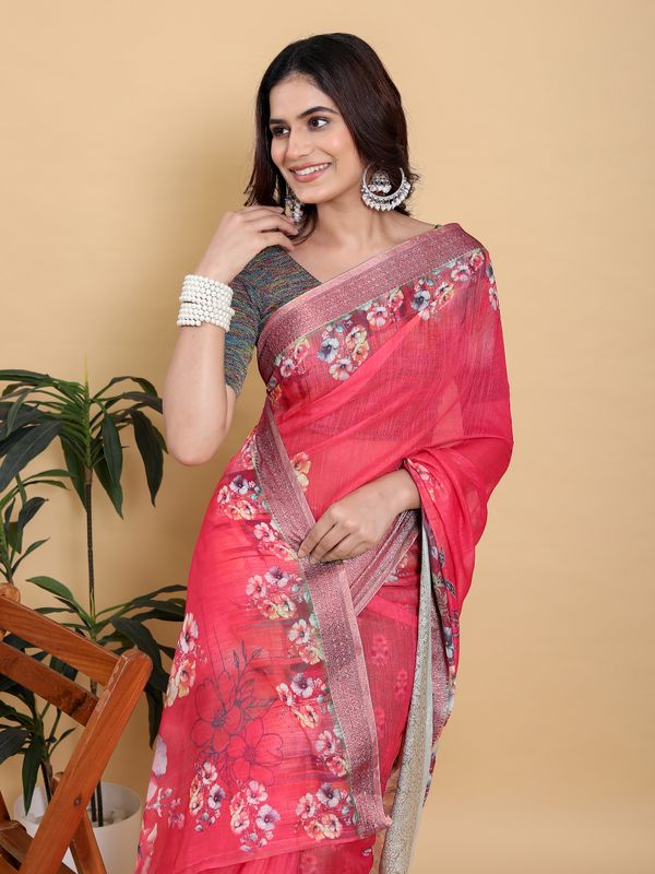 Bright Pink Floral Linen Cotton Saree with Jacquard Borders