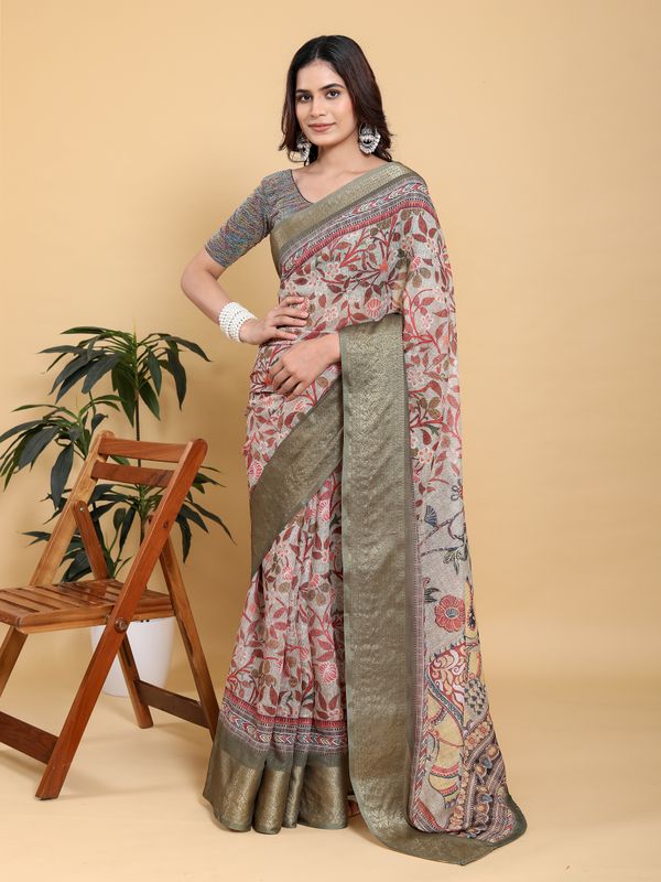 Elegant Cream Linen Cotton Saree with Olive Jacquard Border
