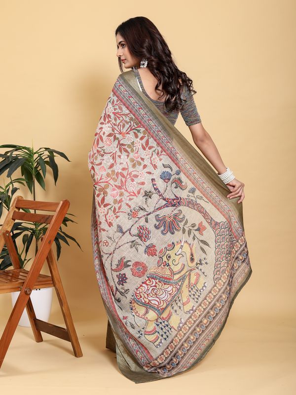 Elegant Cream Linen Cotton Saree with Olive Jacquard Border