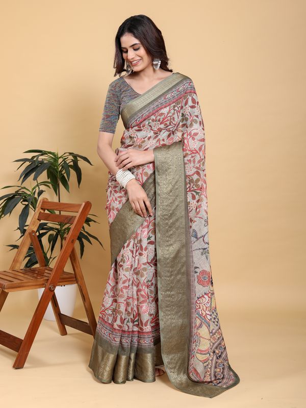 Elegant Cream Linen Cotton Saree with Olive Jacquard Border