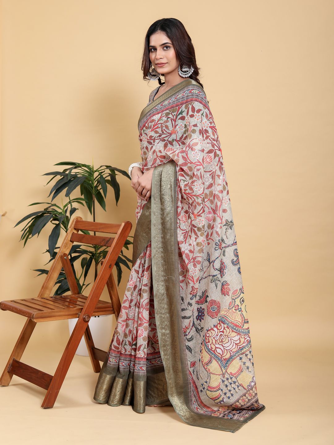 Elegant Cream Linen Cotton Saree with Olive Jacquard Border