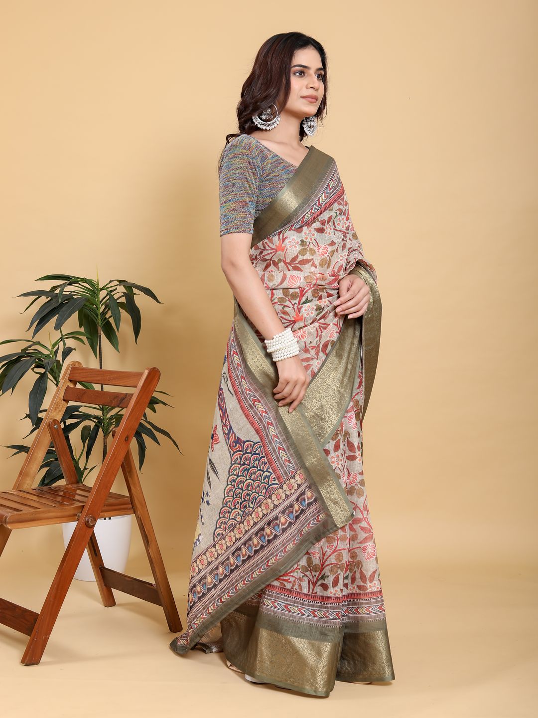 Elegant Cream Linen Cotton Saree with Olive Jacquard Border