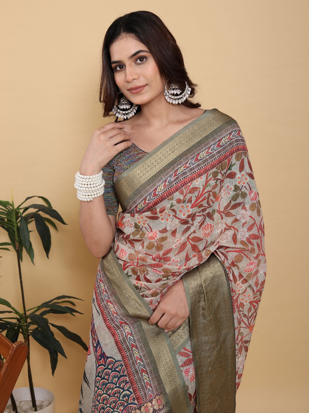 Elegant Cream Linen Cotton Saree with Olive Jacquard Border