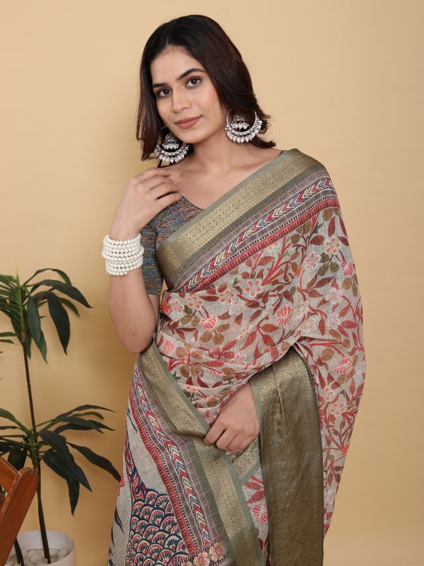 Elegant Cream Linen Cotton Saree with Olive Jacquard Border