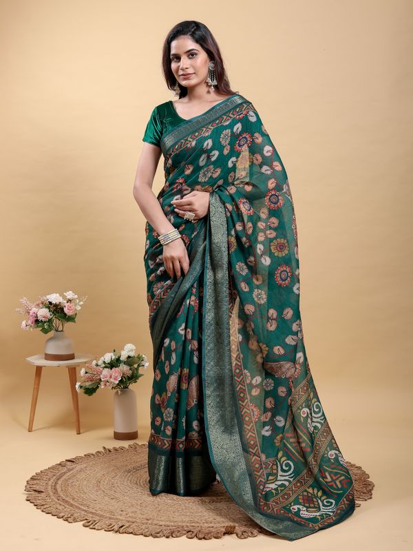 Teal Floral Printed Linen Cotton Saree with Jacquard Border
