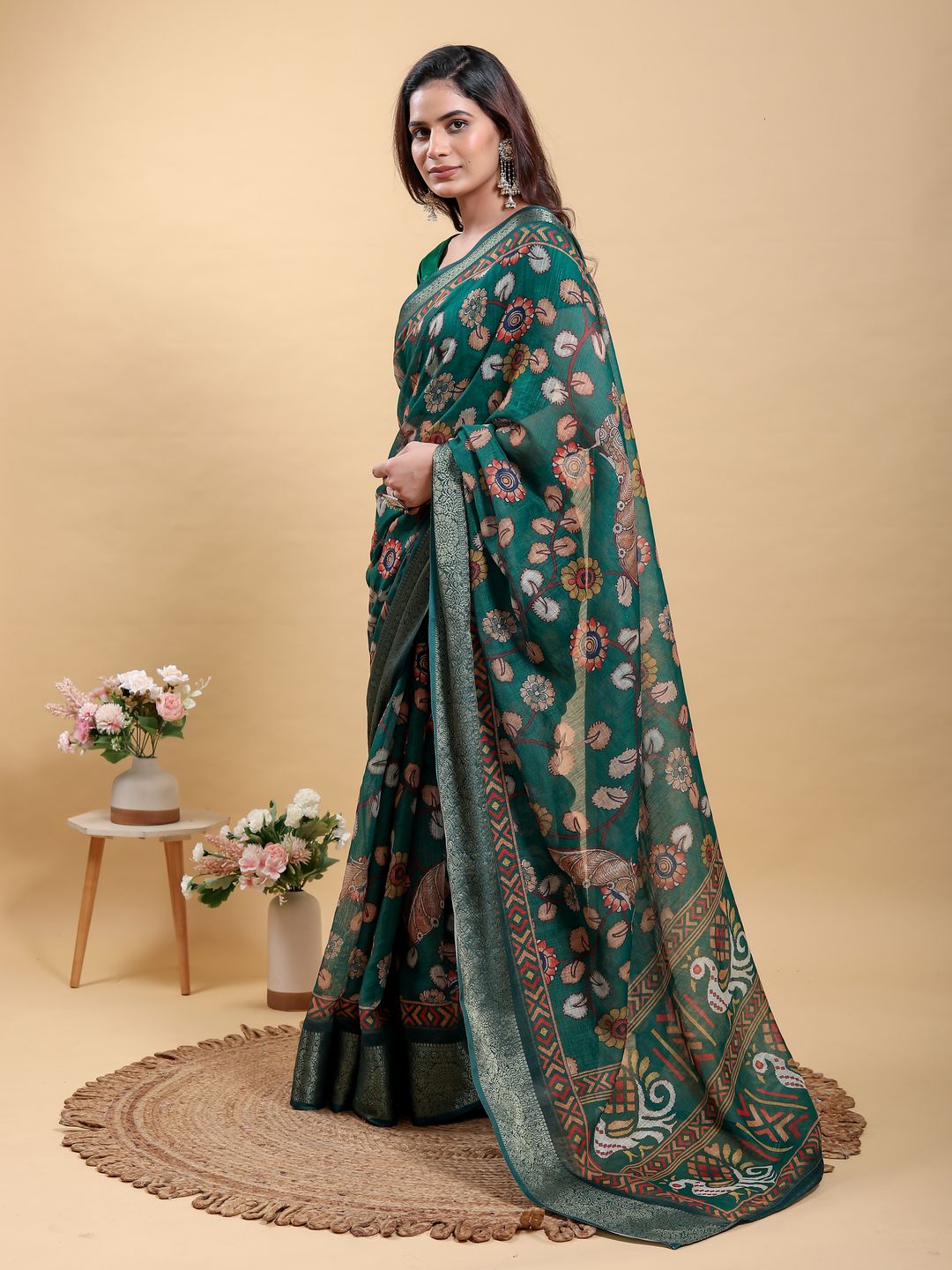 Teal Floral Printed Linen Cotton Saree with Jacquard Border