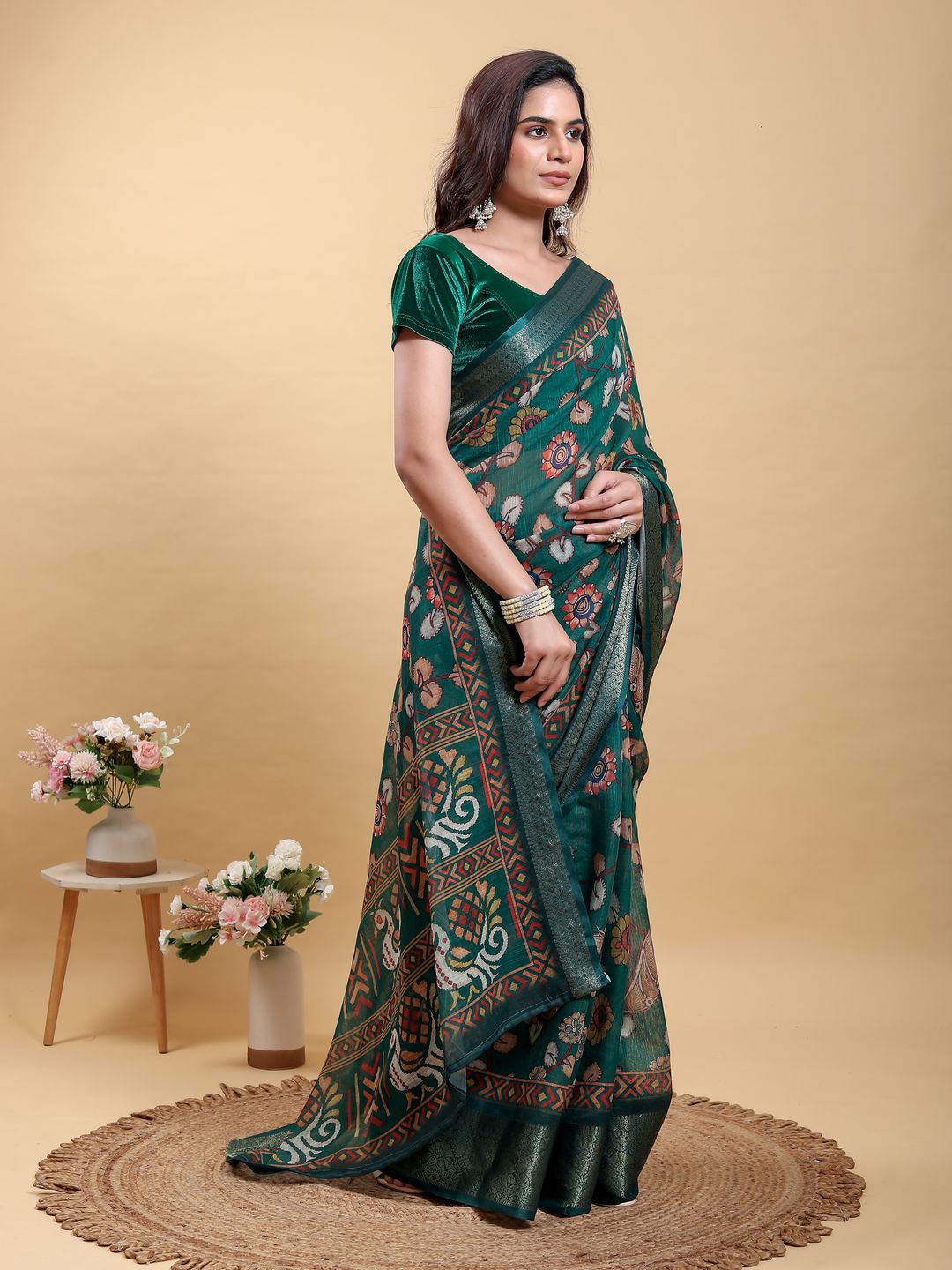 Teal Floral Printed Linen Cotton Saree with Jacquard Border