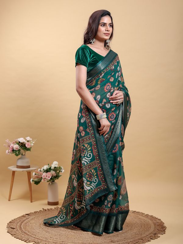 Teal Floral Printed Linen Cotton Saree with Jacquard Border