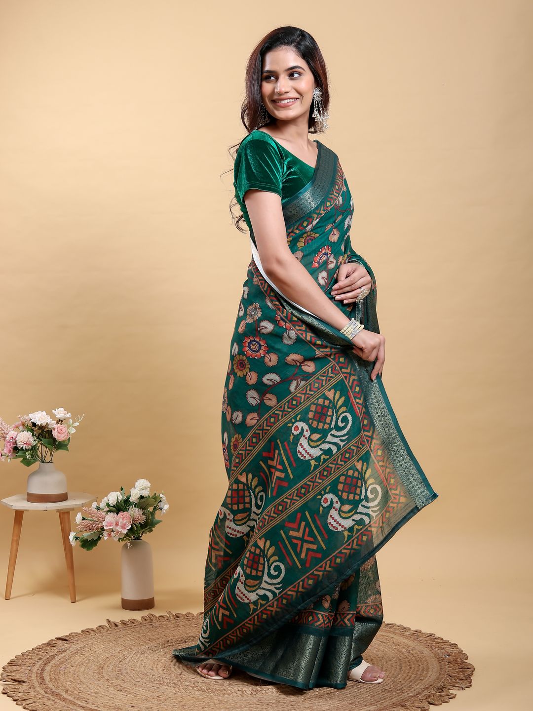Teal Floral Printed Linen Cotton Saree with Jacquard Border