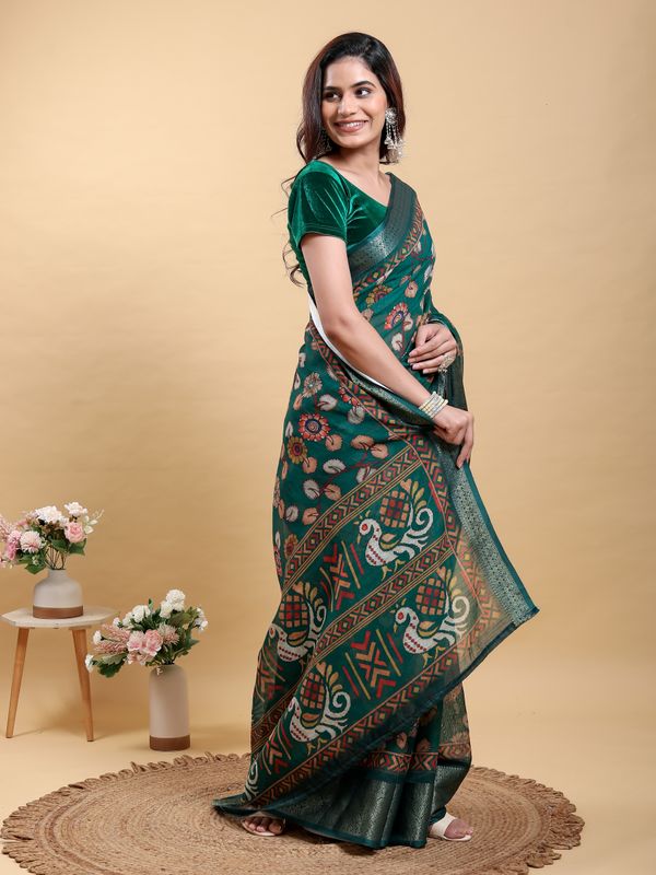Teal Floral Printed Linen Cotton Saree with Jacquard Border