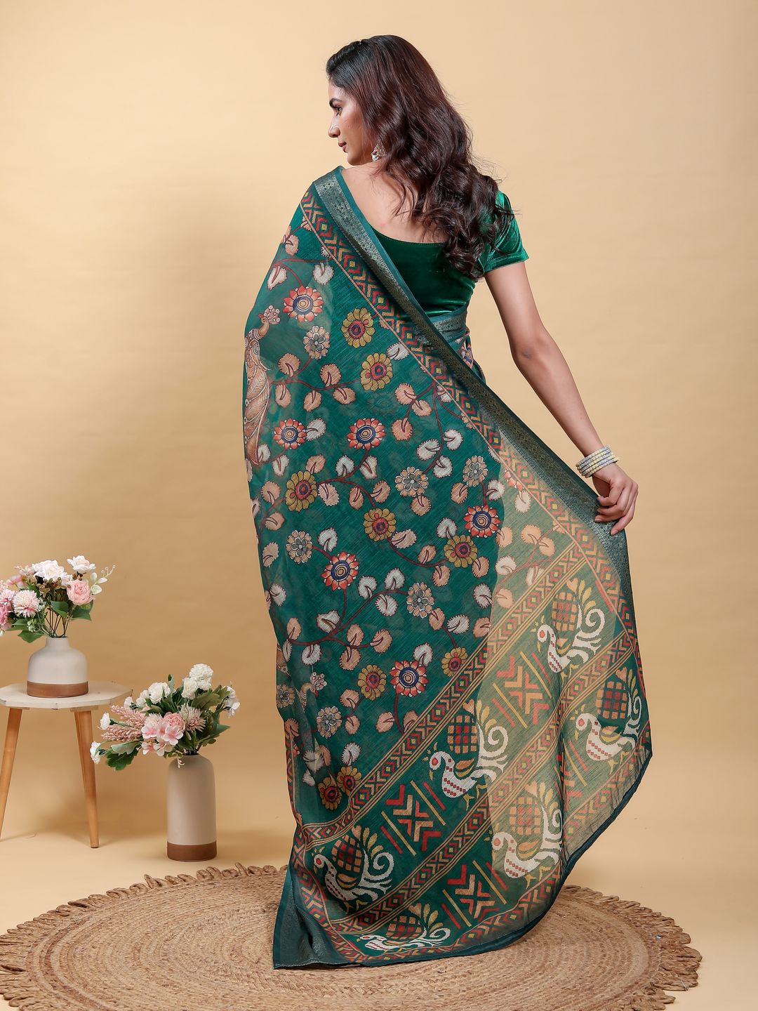 Teal Floral Printed Linen Cotton Saree with Jacquard Border