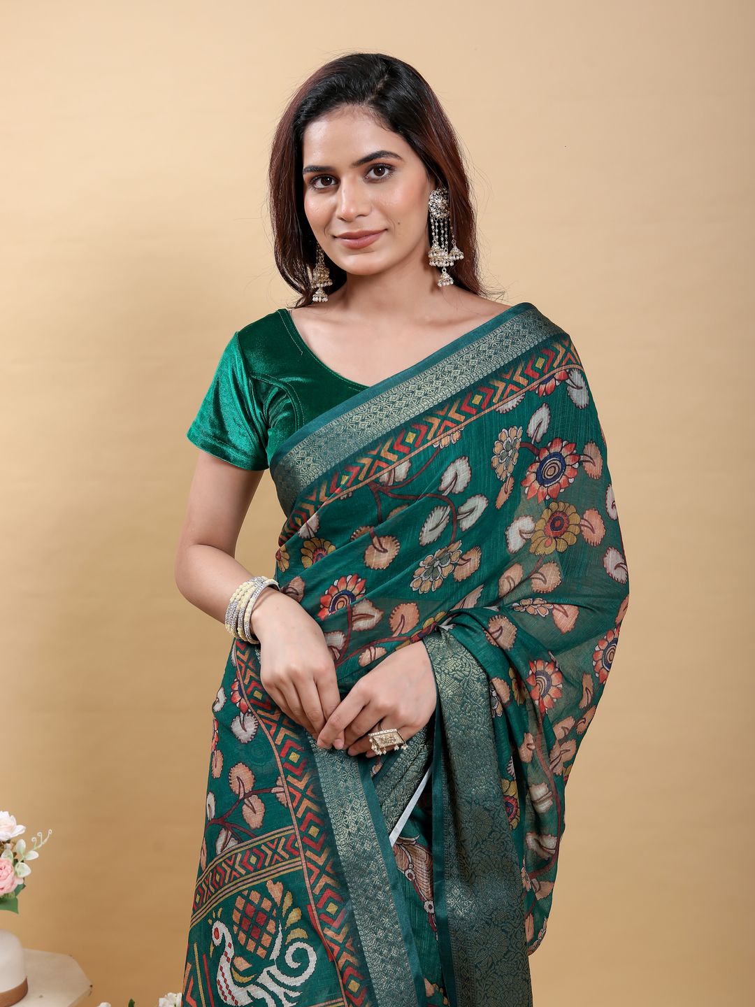Teal Floral Printed Linen Cotton Saree with Jacquard Border
