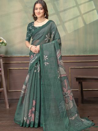 Green Floral Linen Cotton Saree with Elegant Printed Border
