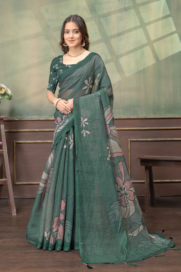 Green Floral Linen Cotton Saree with Elegant Printed Border