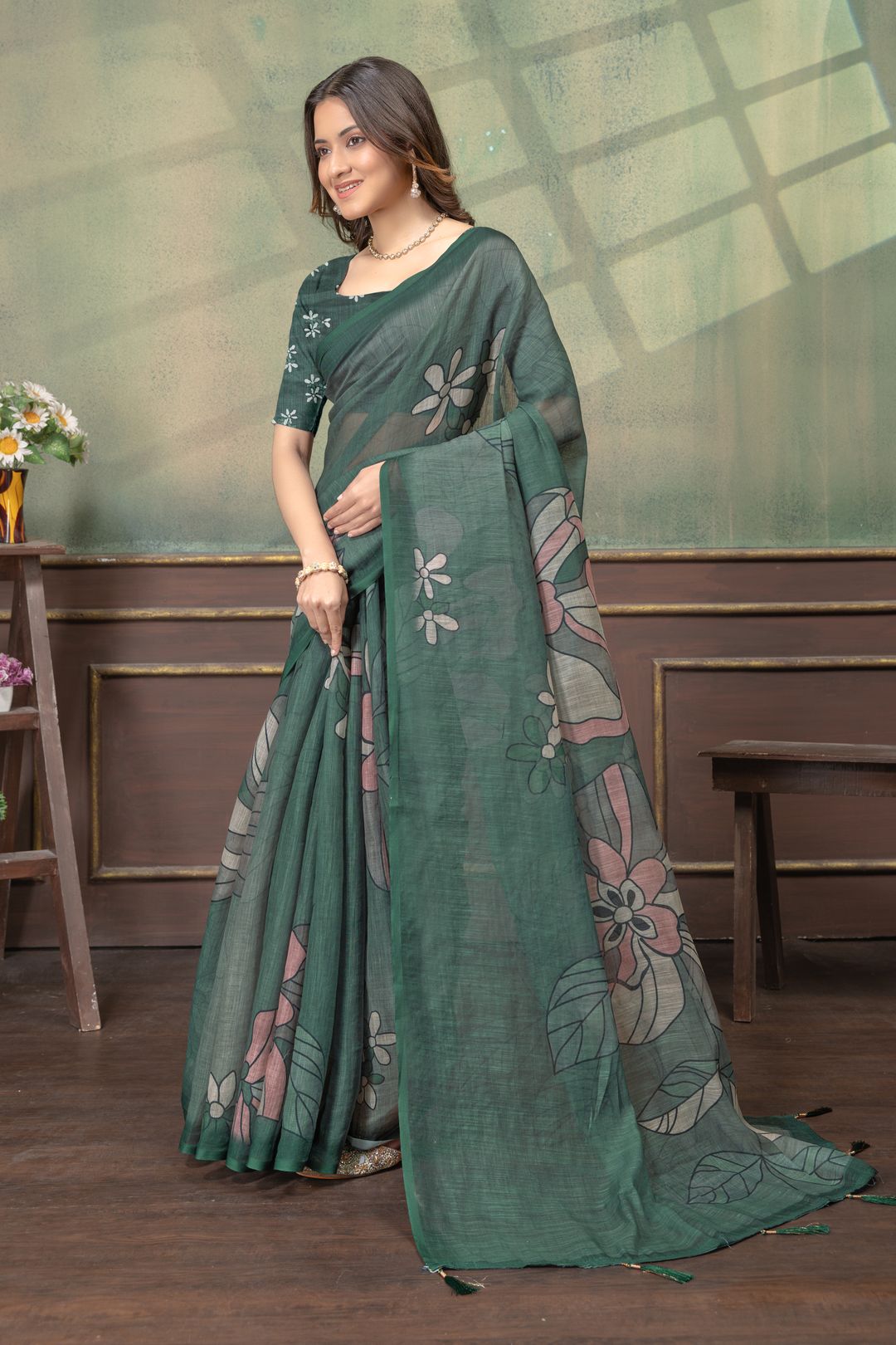 Green Floral Linen Cotton Saree with Elegant Printed Border