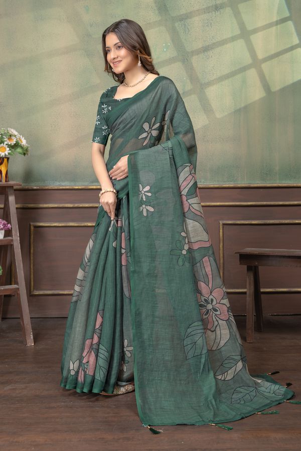 Green Floral Linen Cotton Saree with Elegant Printed Border