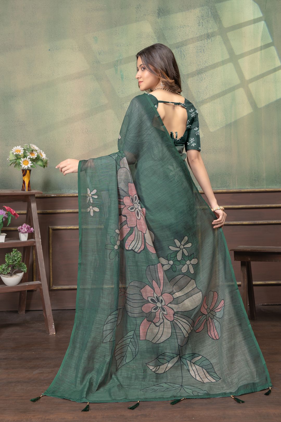 Green Floral Linen Cotton Saree with Elegant Printed Border