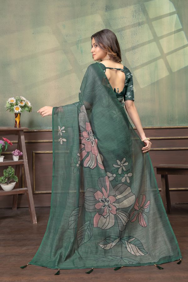 Green Floral Linen Cotton Saree with Elegant Printed Border