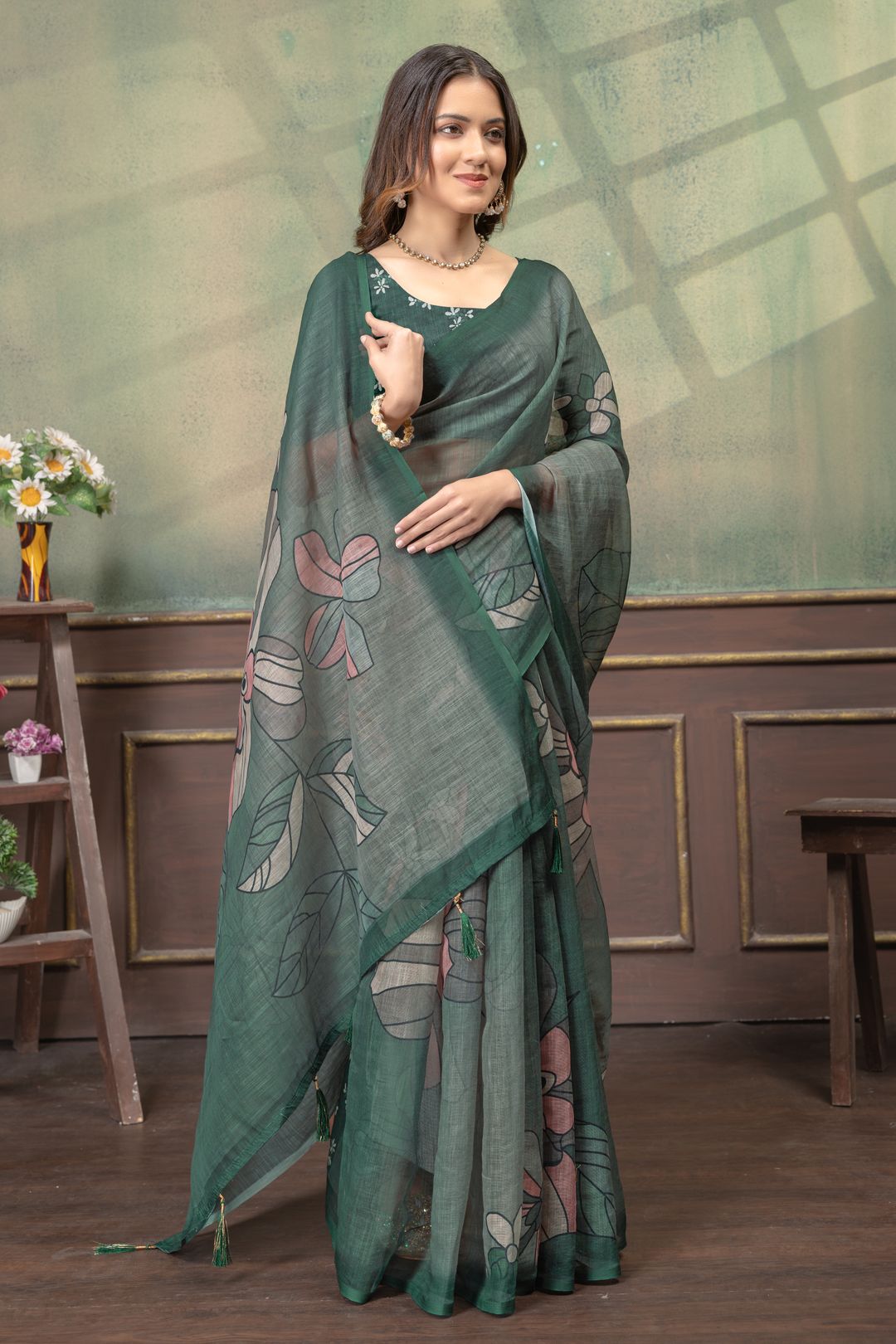 Green Floral Linen Cotton Saree with Elegant Printed Border
