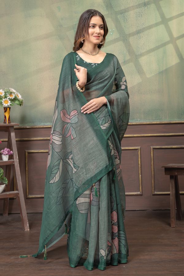 Green Floral Linen Cotton Saree with Elegant Printed Border
