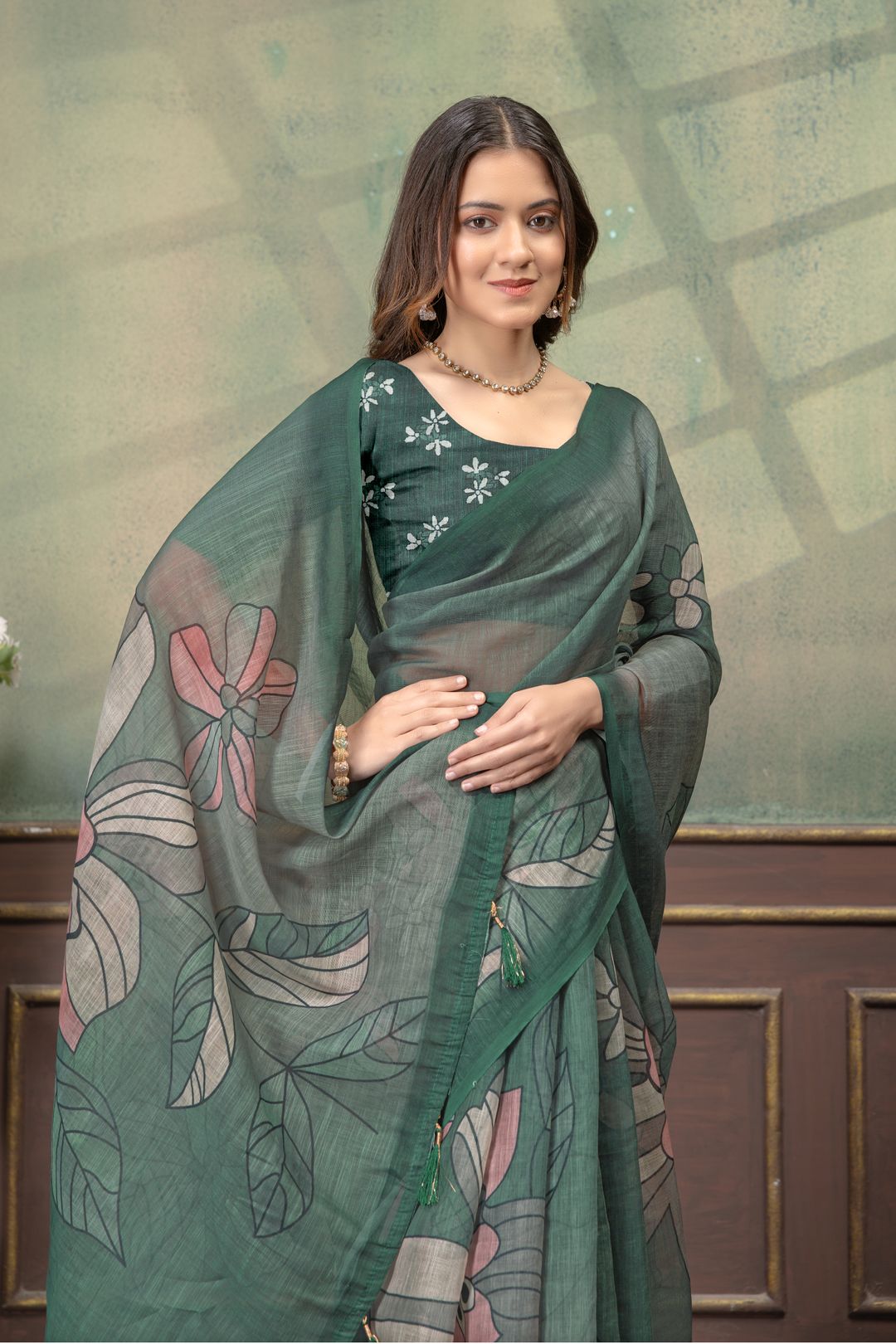 Green Floral Linen Cotton Saree with Elegant Printed Border