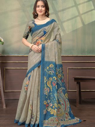 Peacock Floral Printed Linen Cotton Saree with Blue Borders