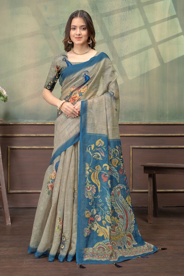 Peacock Floral Printed Linen Cotton Saree with Blue Borders