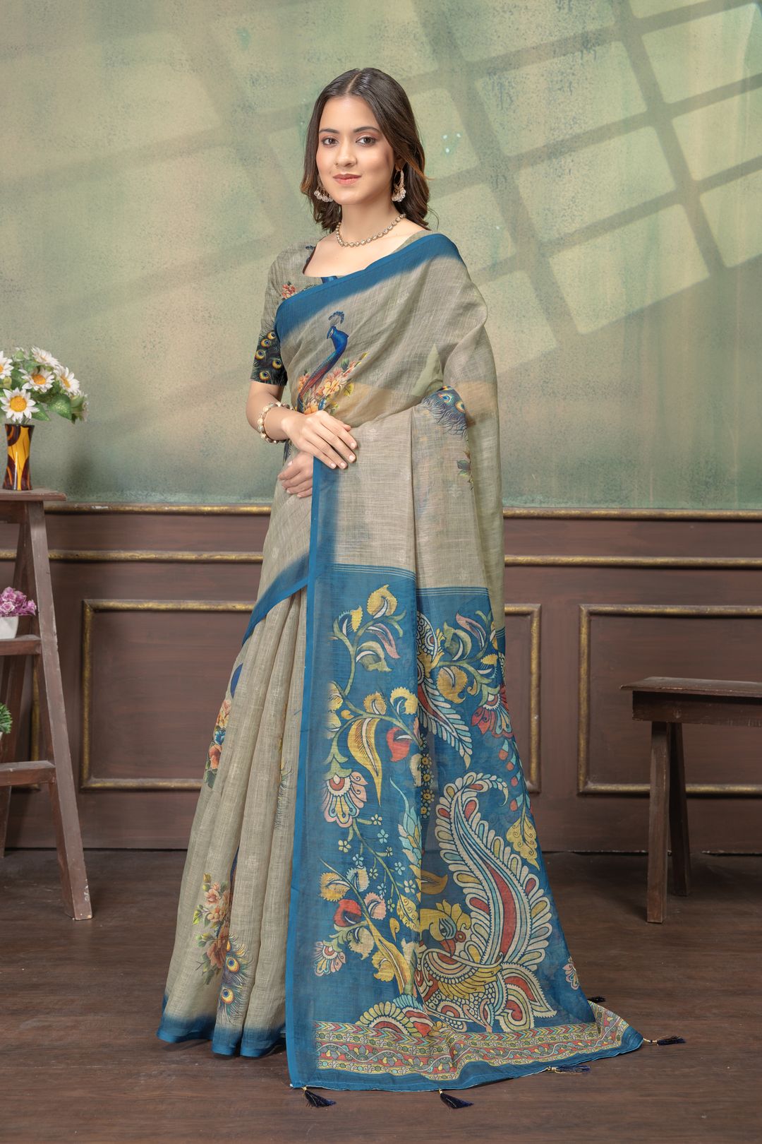 Peacock Floral Printed Linen Cotton Saree with Blue Borders