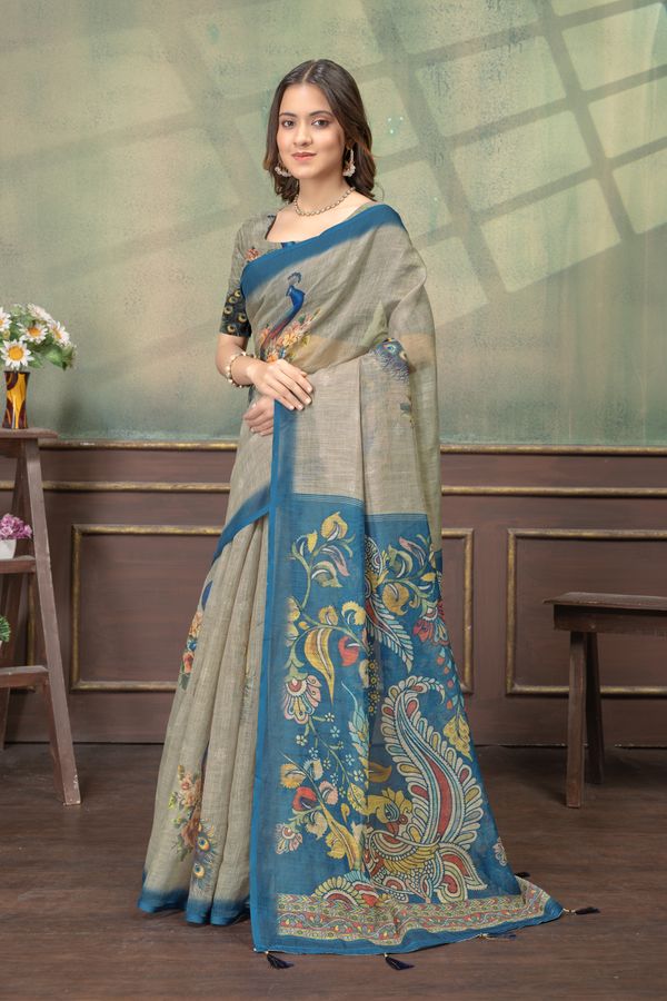 Peacock Floral Printed Linen Cotton Saree with Blue Borders