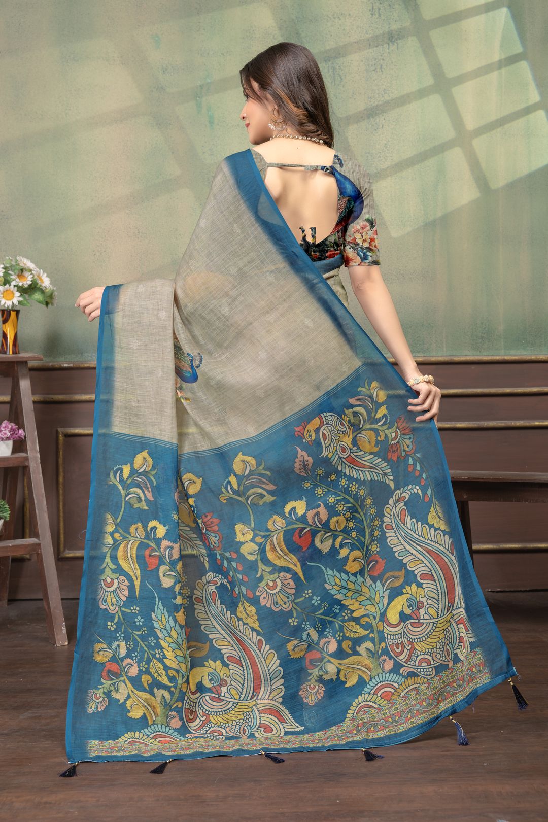 Peacock Floral Printed Linen Cotton Saree with Blue Borders