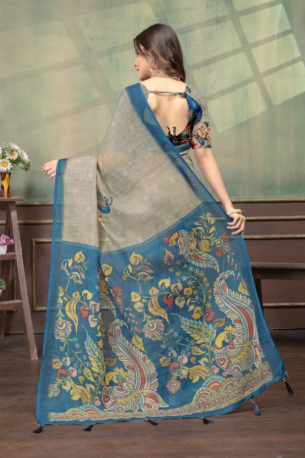 Peacock Floral Printed Linen Cotton Saree with Blue Borders