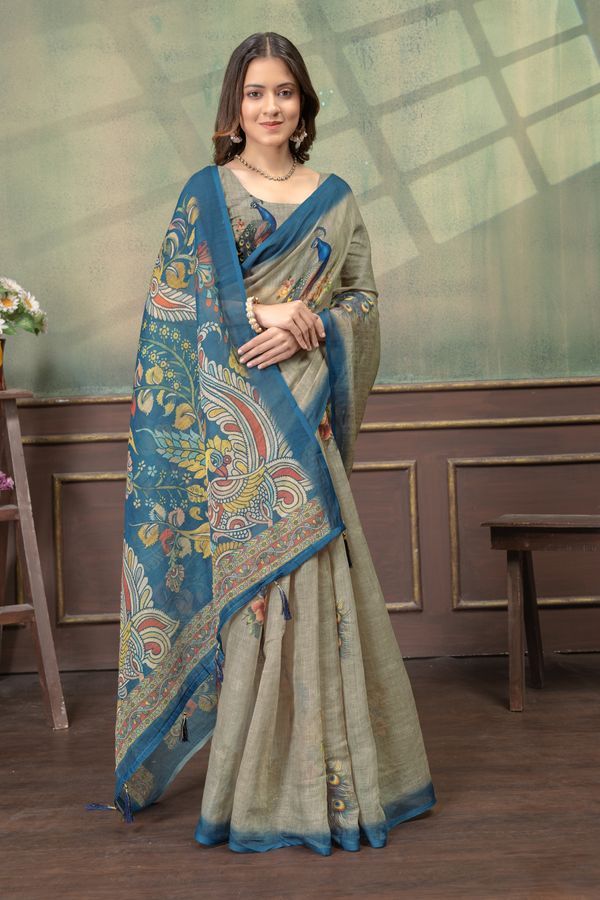 Peacock Floral Printed Linen Cotton Saree with Blue Borders