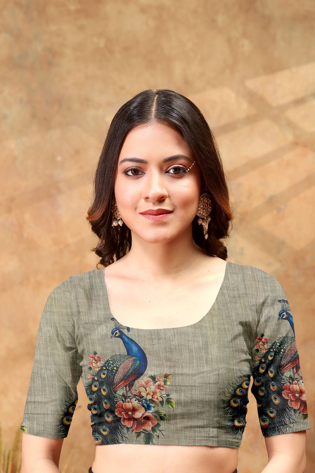 Peacock Floral Printed Linen Cotton Saree with Blue Borders