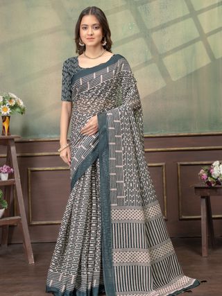 Beige Geometric Printed Linen Cotton Saree with Blue Border